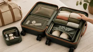 Valise cabine ouverte avec vêtements roulés et cubes de rangement
