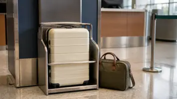 Valise cabine placée dans un gabarit à bagages d'aéroport