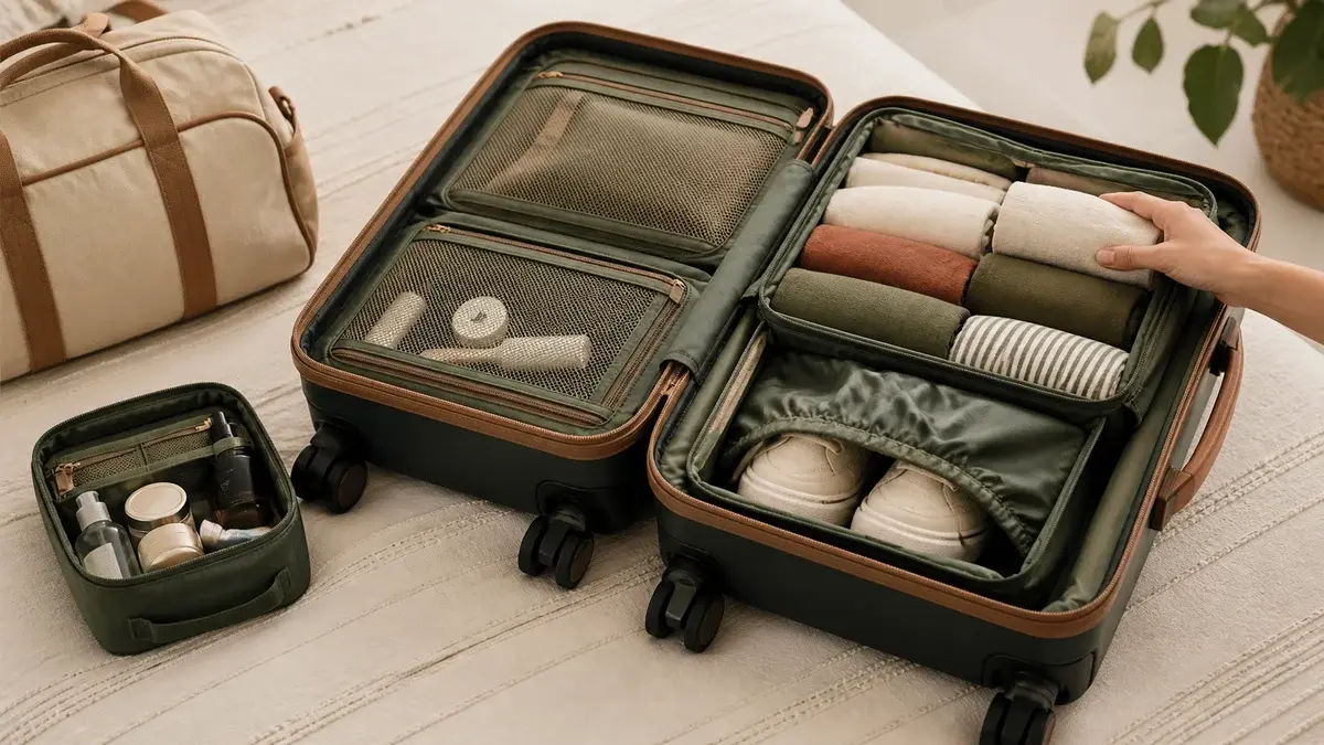 Valise cabine ouverte avec vêtements roulés et cubes de rangement