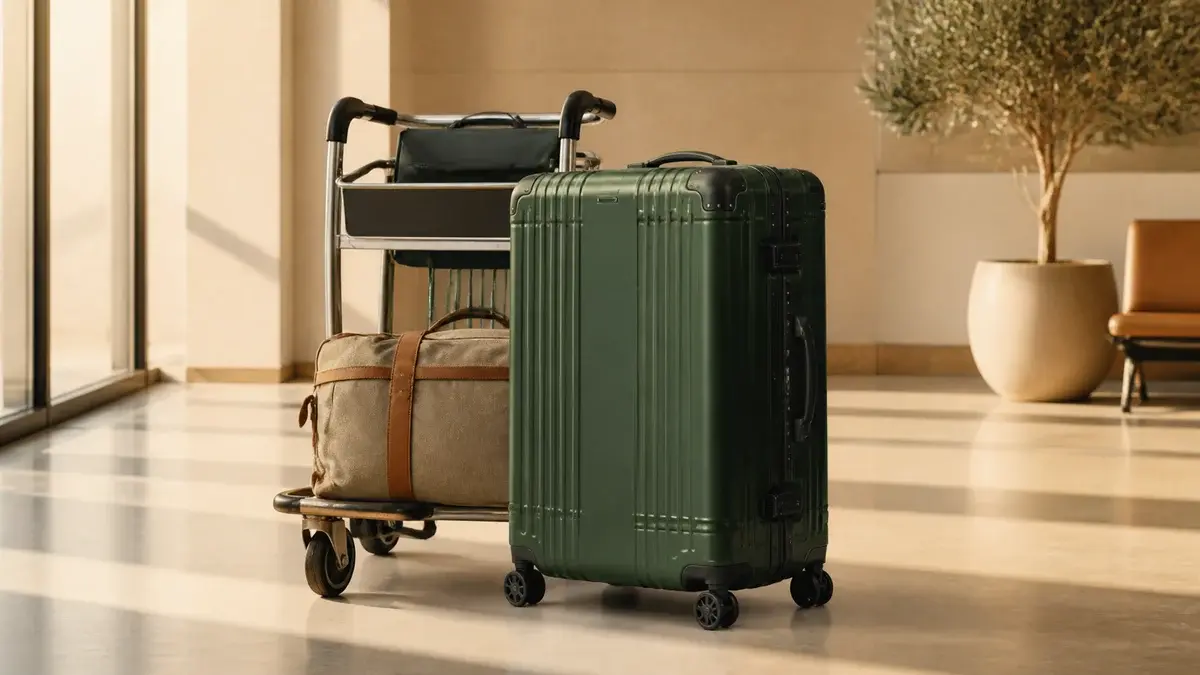 Grande valise rigide pour la soute posée sur un chariot à bagages