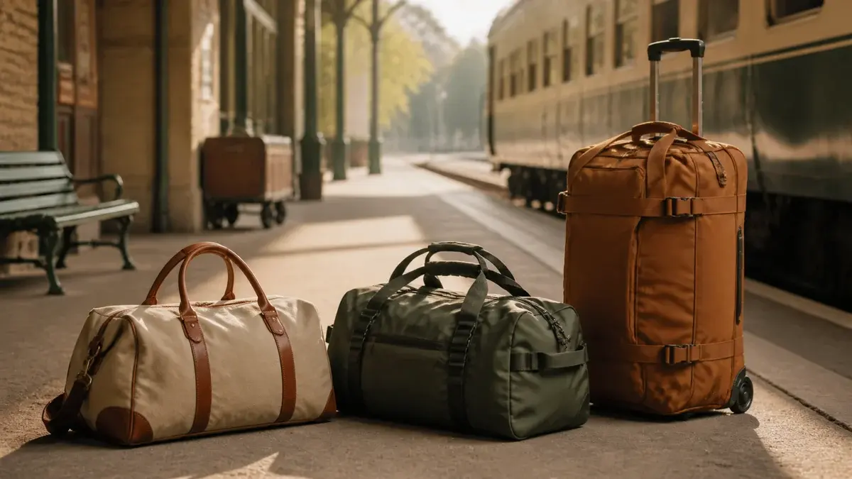 Sac week-end, duffel et sac de voyage à roulettes sur un quai