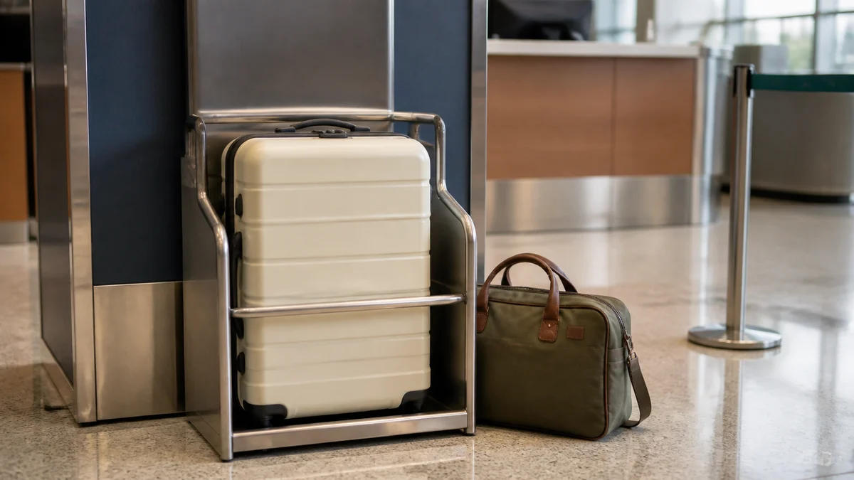 Valise cabine placée dans un gabarit à bagages d'aéroport